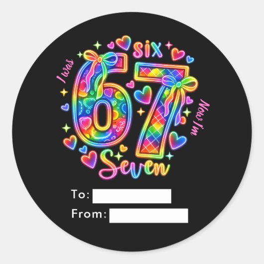 6 7 Six Seven ネオン ガール 7歳の誕生日パーティーファーバー ラウンドシール (正面)