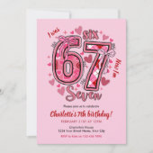 6 7 Six Seven ミーム トレンド ピンク ガール 7歳の誕生日 招待状 (正面)