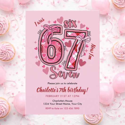 6 7 Six Seven ミーム トレンド ピンク ガール 7歳の誕生日 招待状