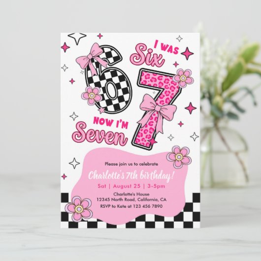 6 7 Six Seven Meme Trend Pink Girls 7th Birthday 招待状 (スタンド正面)
