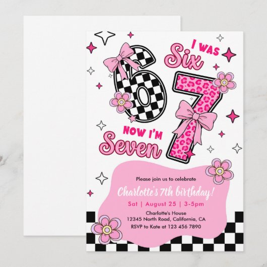 6 7 Six Seven Meme Trend Pink Girls 7th Birthday 招待状 (正面/裏面)