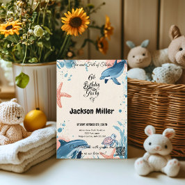 6 and Full of Tricks 6th誕生日Indigo & Coral 招待状