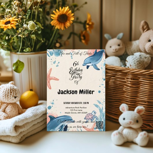 6 and Full of Tricks 6th誕生日Indigo & Coral 招待状