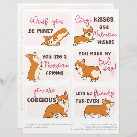 6 Corgi Dog Kids Classroom Valentine's Dayカード レターヘッド (正面/裏面)