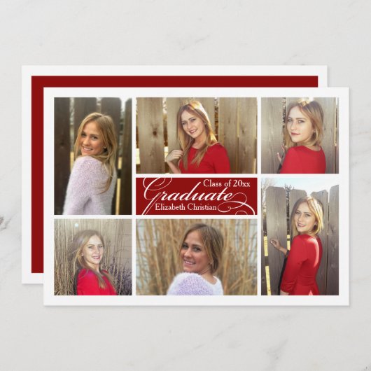 6-Photoコラージュ暗赤色カスタム卒業 招待状 (正面/裏面)