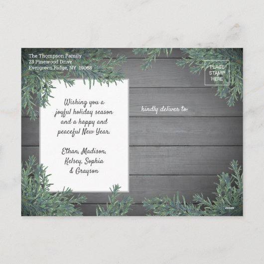 6 Photo任意の文字モダンの緑と木目のコラージュ シーズンポストカード (裏面)