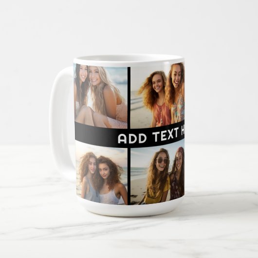 6 Photo Collage 1行の文字- – 黒を編集できる コーヒーマグカップ (正面左)