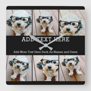 6 Photo Collage 2行の文字—黒を編集可能 スクエア壁時計