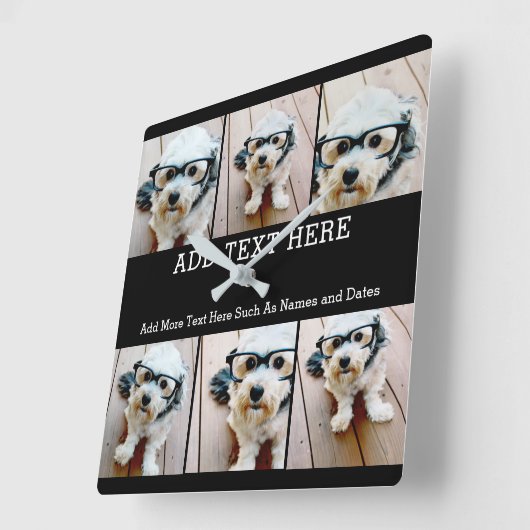 6 Photo Collage 2行の文字—黒を編集可能 スクエア壁時計 (傾斜)