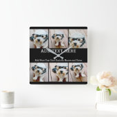 6 Photo Collage 2行の文字—黒を編集可能 スクエア壁時計 (ホーム)