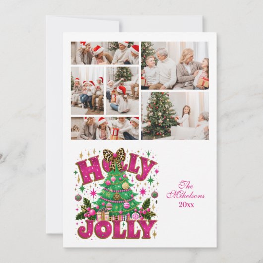 6 Photo Glitter Leopard Bow Holly Jolly シーズンカード (正面)