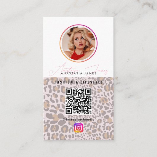 6 Photo Grid Social Media QR Code Leopard Print 名刺 (正面)
