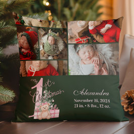 6 Photo Pink Green Baby First Christmas クッション
