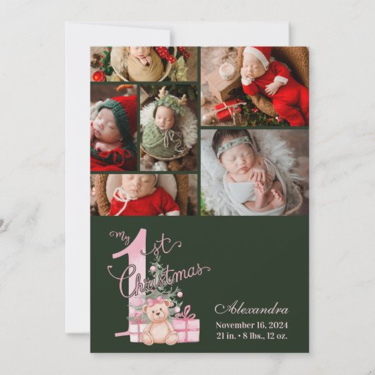 6 Photo  Pink Green Baby First Christmas シーズンカード (正面)