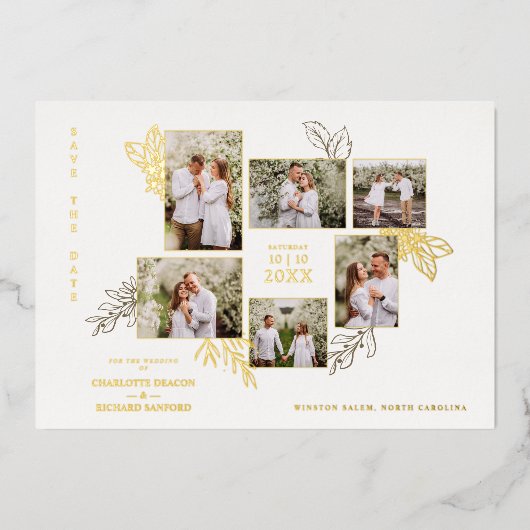 6 Photos Collage Wedding Botanical Branches Frame 箔招待状 (正面)