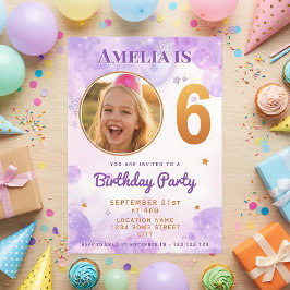 6 Purple Gold Star Bubbles 6th Birthday Invitation 招待状