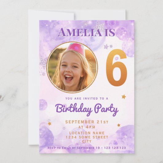 6 Purple Gold Star Bubbles 6th Birthday Invitation 招待状 (正面)