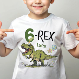 6-Rex かわいい恐竜テーマ 6歳の誕生日パーティーの名前  Tシャツ