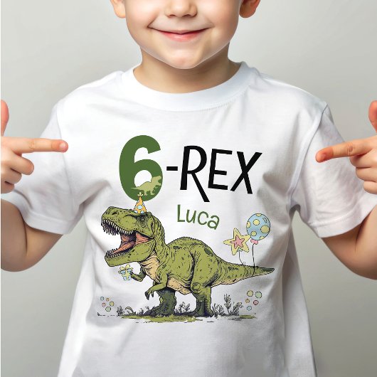 6-Rex かわいい恐竜テーマ 6歳の誕生日パーティーの名前  Tシャツ
