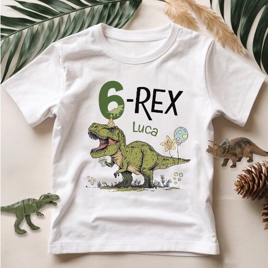 6-Rex Cute Dinosaur Theme 6th Birthday Party Name  Tシャツ