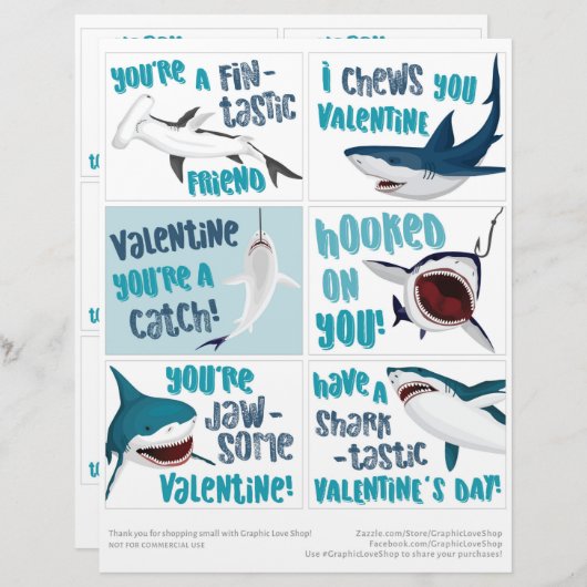 6 Shark Kids Classroom Valentines Day Card レターヘッド (正面/裏面)