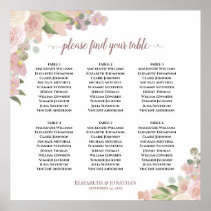 6 Table Rustic Pink Floral Wedding Seating Chart ポスター