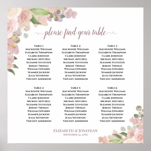 6 Table Rustic Pink Floral Wedding Seating Chart ポスター (正面)