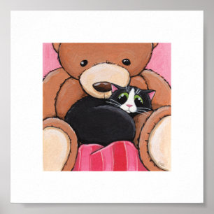 6" x 6" Whimsical Cat Art Cat on Bed ポスター