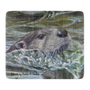 6" x 7"カワウソを持つガラスまな板 カッティングボード
