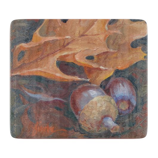 6" x 7"ガラスまな板の葉およびドングリ。 カッティングボード (正面)