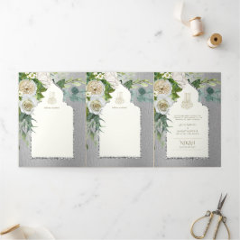 6pg NIKAH WALIMAHホワイトグリーナリーシルバー結婚ズ 三つ折り招待状