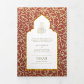 6pg NIKAH WALIMAHホワイトレッド金ゴールド華美3つ折り 三つ折り招待状 (カバー)
