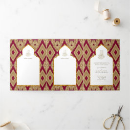 6pg NIKAH WALIMAHホワイトレッド金ゴールド華美3つ折り 三つ折り招待状