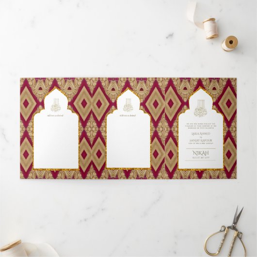 6pg NIKAH WALIMAHホワイトレッド金ゴールド華美3つ折り 三つ折り招待状 (外部)