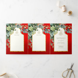 6pg NIKAH WALIMAH赤金ゴールド緑結婚色 三つ折り招待状