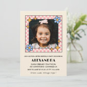 6th誕生日の招待レトロGroovyブルーフローラ 招待状 (スタンド正面)