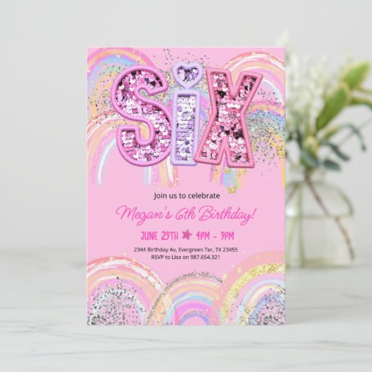 6th誕生日招待状ガール編集可能レインボーセク 招待状 (スタンド正面)