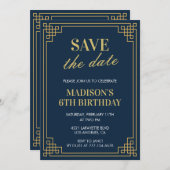 6th誕生日招待状ガールGirl Save the date Navy 招待状 (正面/裏面)