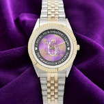 6th 33rd 47th 48th Amethyst Wedding Anniversary 腕時計<br><div class="desc">Celebrate the 6th, 33rd, 47th or 48th wedding anniversary in style with this commemorative watch! Elegant black and white serif lettering with gold-dusted hexagonal confetti on an amethyst background add a memorable touch for this special occasion and (extraordinary) milestone. Customize with the couple's names, and add a date for their...</div>