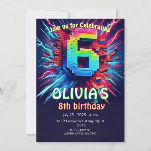 6th Birthday Boy Pixel neon Invitation 招待状 (正面)