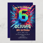 6th Birthday Boy Pixel neon Invitation 招待状 (正面/裏面)