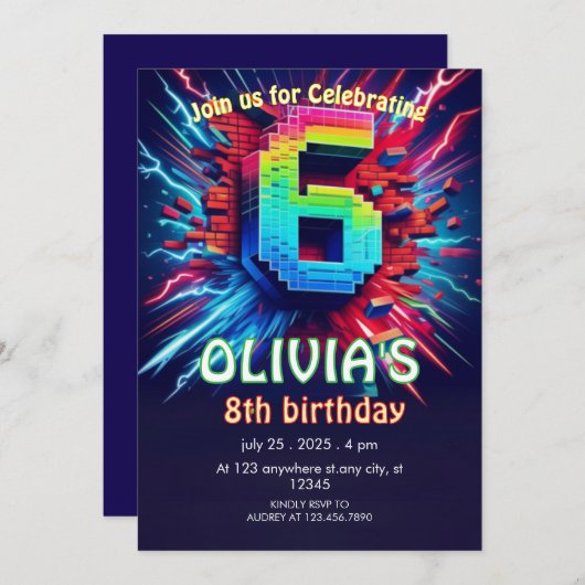 6th Birthday Boy Pixel neon Invitation 招待状 (正面/裏面)