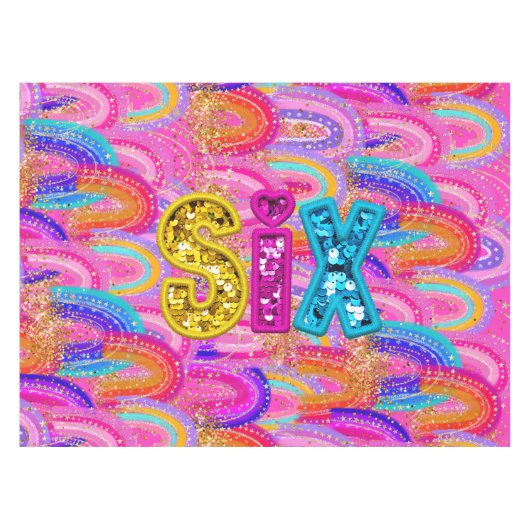 6th Birthday Bright Rainbow Gold Glitter テーブルクロス (正面(横))