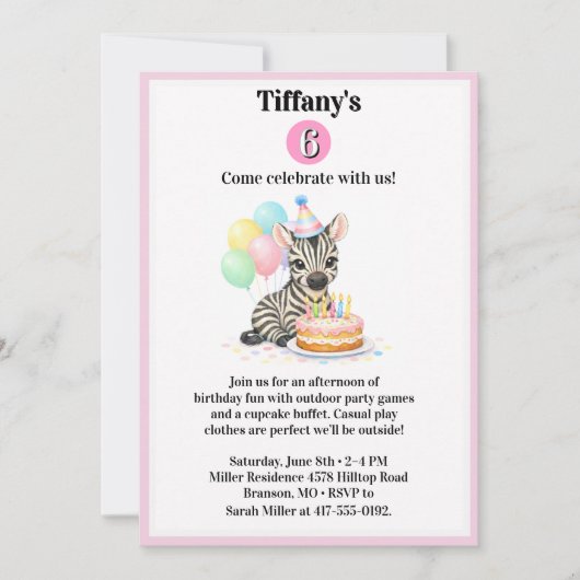 6th Birthday Celebration Zebra Party Invitation 招待状 (正面)