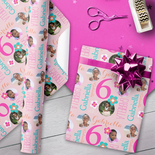 6th birthday flower custom name photos age kids ラッピングペーパー