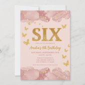 6th Birthday Invitation Pink Gold Glitter Girl 招待状 (正面)