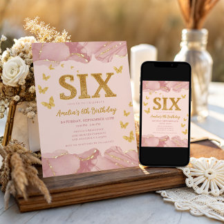 6th Birthday Invitation Pink Gold Glitter Girl 招待状