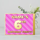 6th Birthday Party —おもしろいピンクのハートとストライプ 箔招待状 (立ち正面)