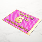 6th Birthday Party —おもしろいピンクのハートとストライプ 箔招待状 (回転した状態)