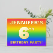 6th Birthday Party:おもしろい、レインボーカラフルパターン 箔招待状 (立ち正面)